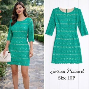Jessica Howard Size 10P Green Lace Dress 3/4 Sleeve Back Zip